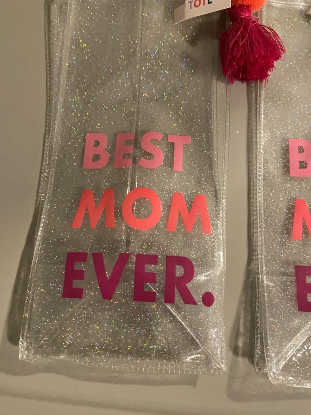 Best Mom Ever Glitter Wine Tote - Pink/Orange Accents